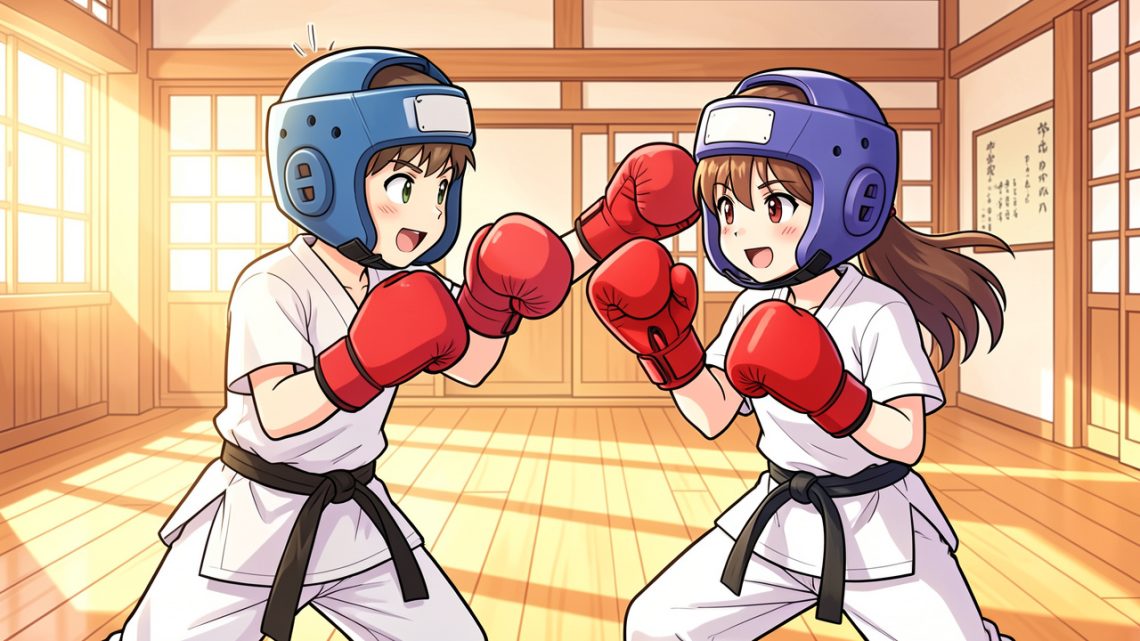 Deux enfants de 12 ans, un garçon et une fille, s’entraînent aux arts martiaux avec des protections dans un dojo lumineux, dans un style de bande dessinée japonaise colorée et dynamique.