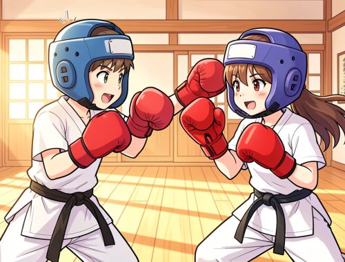 Deux enfants de 12 ans, un garçon et une fille, s’entraînent aux arts martiaux avec des protections dans un dojo lumineux, dans un style de bande dessinée japonaise colorée et dynamique.