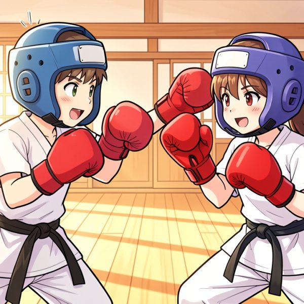 Deux enfants de 12 ans, un garçon et une fille, s’entraînent aux arts martiaux avec des protections dans un dojo lumineux, dans un style de bande dessinée japonaise colorée et dynamique.
