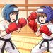 Deux enfants de 12 ans, un garçon et une fille, s’entraînent aux arts martiaux avec des protections dans un dojo lumineux, dans un style de bande dessinée japonaise colorée et dynamique.