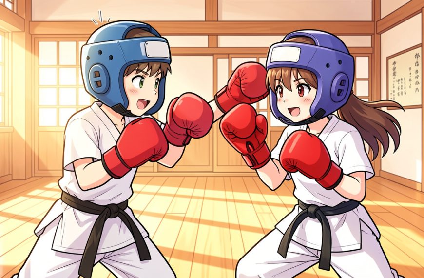 Deux enfants de 12 ans, un garçon et une fille, s’entraînent aux arts martiaux avec des protections dans un dojo lumineux, dans un style de bande dessinée japonaise colorée et dynamique.