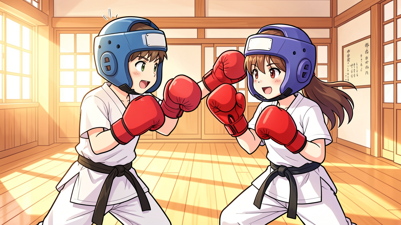 Deux enfants de 12 ans, un garçon et une fille, s’entraînent aux arts martiaux avec des protections dans un dojo lumineux, dans un style de bande dessinée japonaise colorée et dynamique.