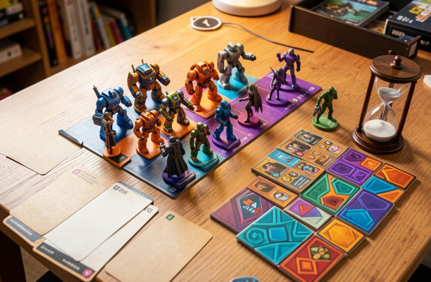 Jeu de société geek prêt à jouer, avec des pions colorés, des tuiles géométriques, des cartes vierges et un petit sablier sur une table.