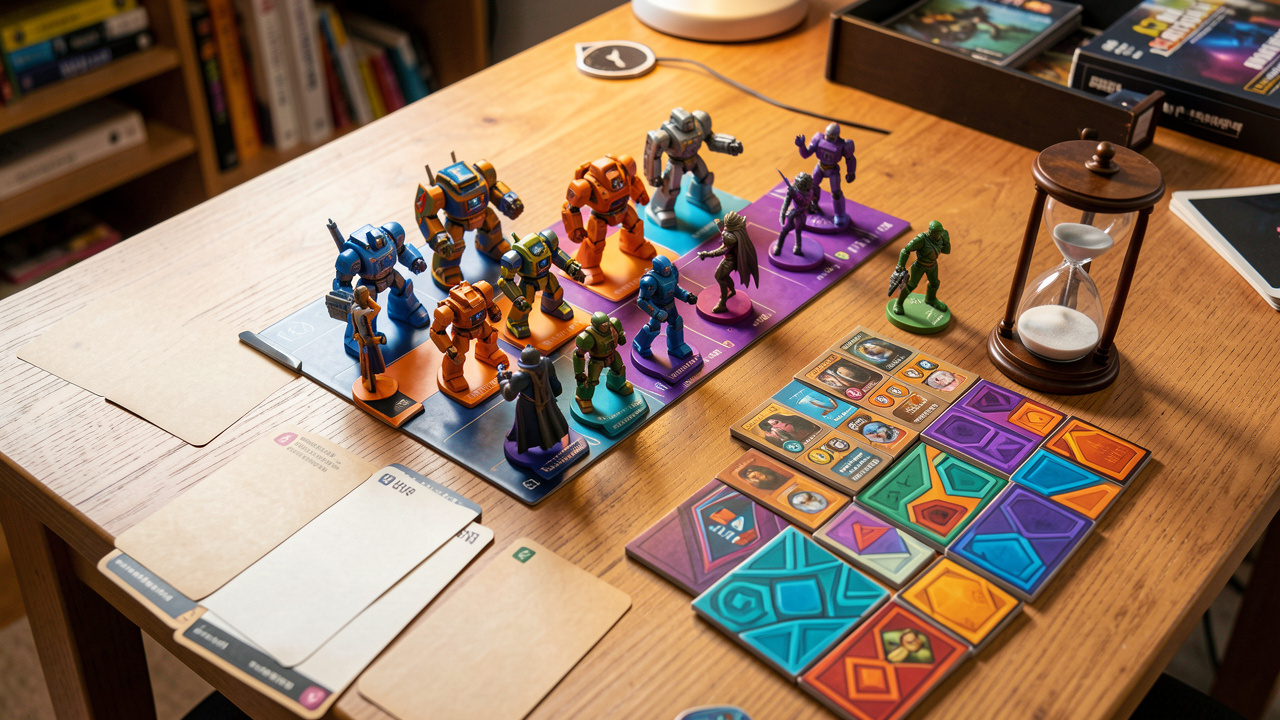 Jeu de société geek prêt à jouer, avec des pions colorés, des tuiles géométriques, des cartes vierges et un petit sablier sur une table.