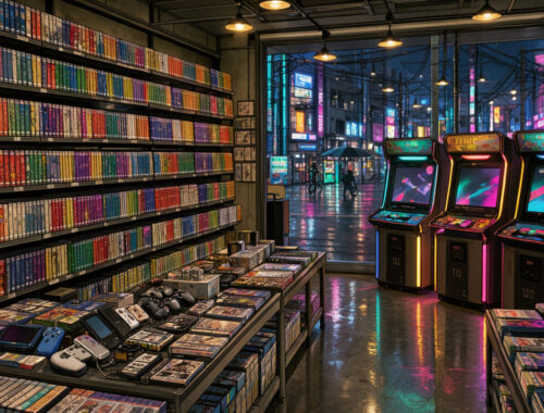 Illustration éditoriale réaliste inspirée du manga montrant l’intérieur coloré d’une boutique japonaise de jeux vidéo, avec des boîtiers vierges, des bornes d’arcade lumineuses et une ambiance urbaine de Tokyo.