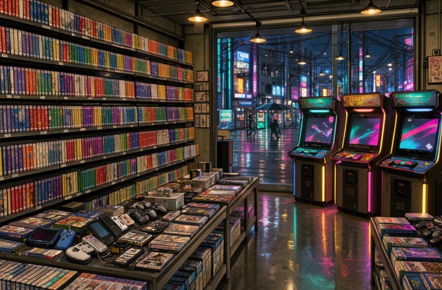 Illustration éditoriale réaliste inspirée du manga montrant l’intérieur coloré d’une boutique japonaise de jeux vidéo, avec des boîtiers vierges, des bornes d’arcade lumineuses et une ambiance urbaine de Tokyo.