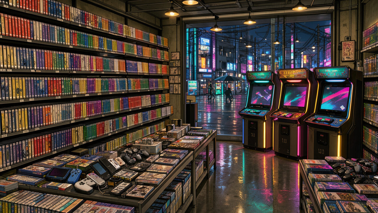 Illustration éditoriale réaliste inspirée du manga montrant l’intérieur coloré d’une boutique japonaise de jeux vidéo, avec des boîtiers vierges, des bornes d’arcade lumineuses et une ambiance urbaine de Tokyo.