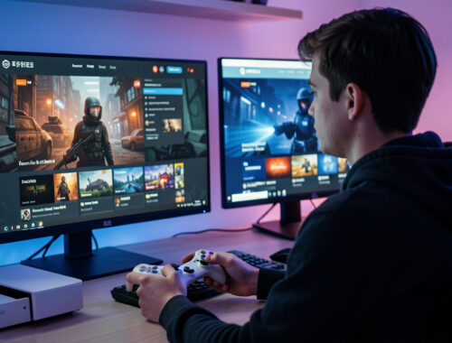 Jeune homme comparant deux interfaces de boutique de jeux vidéo, l’une suspecte et l’autre sécurisée, sur deux écrans à côté d’une console de jeu moderne.