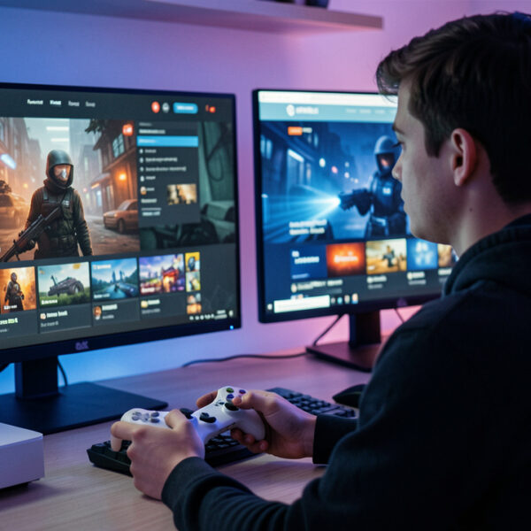 Jeune homme comparant deux interfaces de boutique de jeux vidéo, l’une suspecte et l’autre sécurisée, sur deux écrans à côté d’une console de jeu moderne.