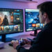 Jeune homme comparant deux interfaces de boutique de jeux vidéo, l’une suspecte et l’autre sécurisée, sur deux écrans à côté d’une console de jeu moderne.