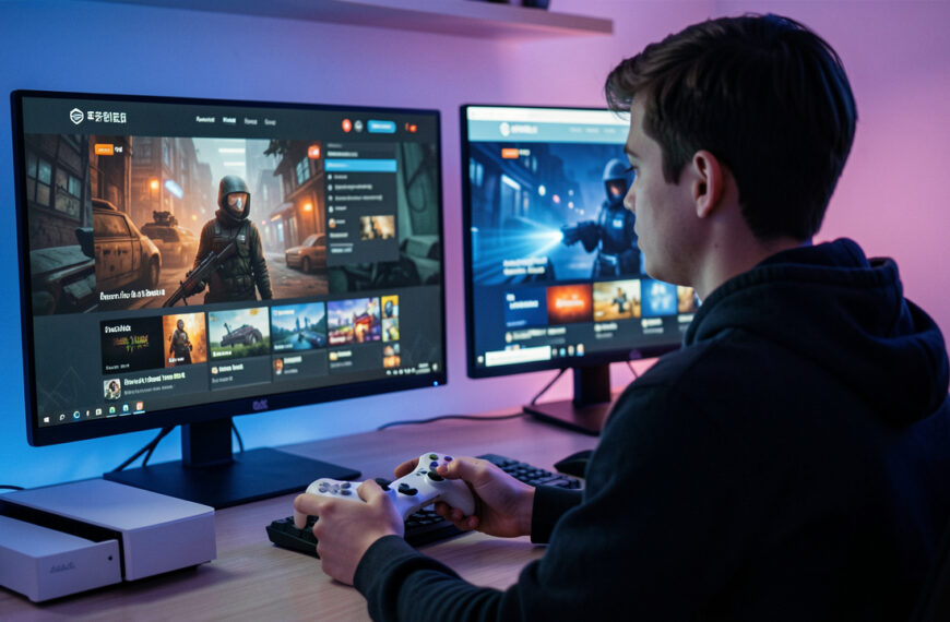 Jeune homme comparant deux interfaces de boutique de jeux vidéo, l’une suspecte et l’autre sécurisée, sur deux écrans à côté d’une console de jeu moderne.