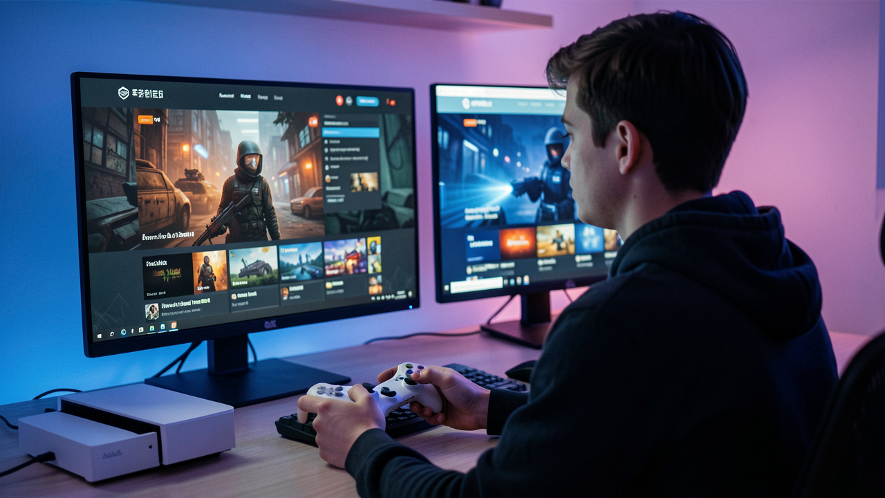 Jeune homme comparant deux interfaces de boutique de jeux vidéo, l’une suspecte et l’autre sécurisée, sur deux écrans à côté d’une console de jeu moderne.
