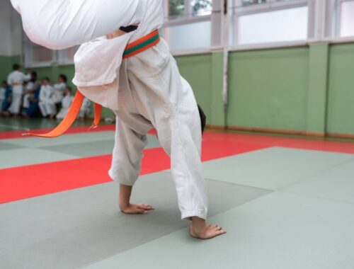 Deux judokas s’entraînent à exécuter une prise de judo sur un tatami.